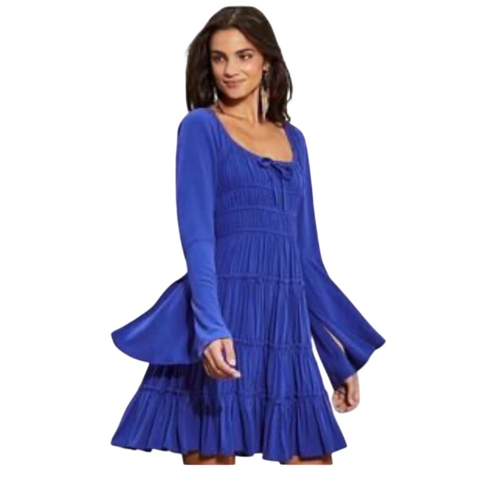 NWT Chelsea & Violet Cobalt Blue Smocked Tiered Bell Sleeve Boho Mini‎ Dress XS